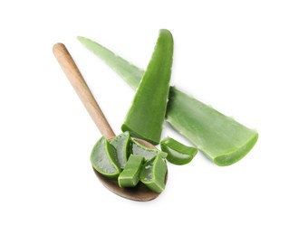 Wooden spoon with cut aloe vera isolated on white
