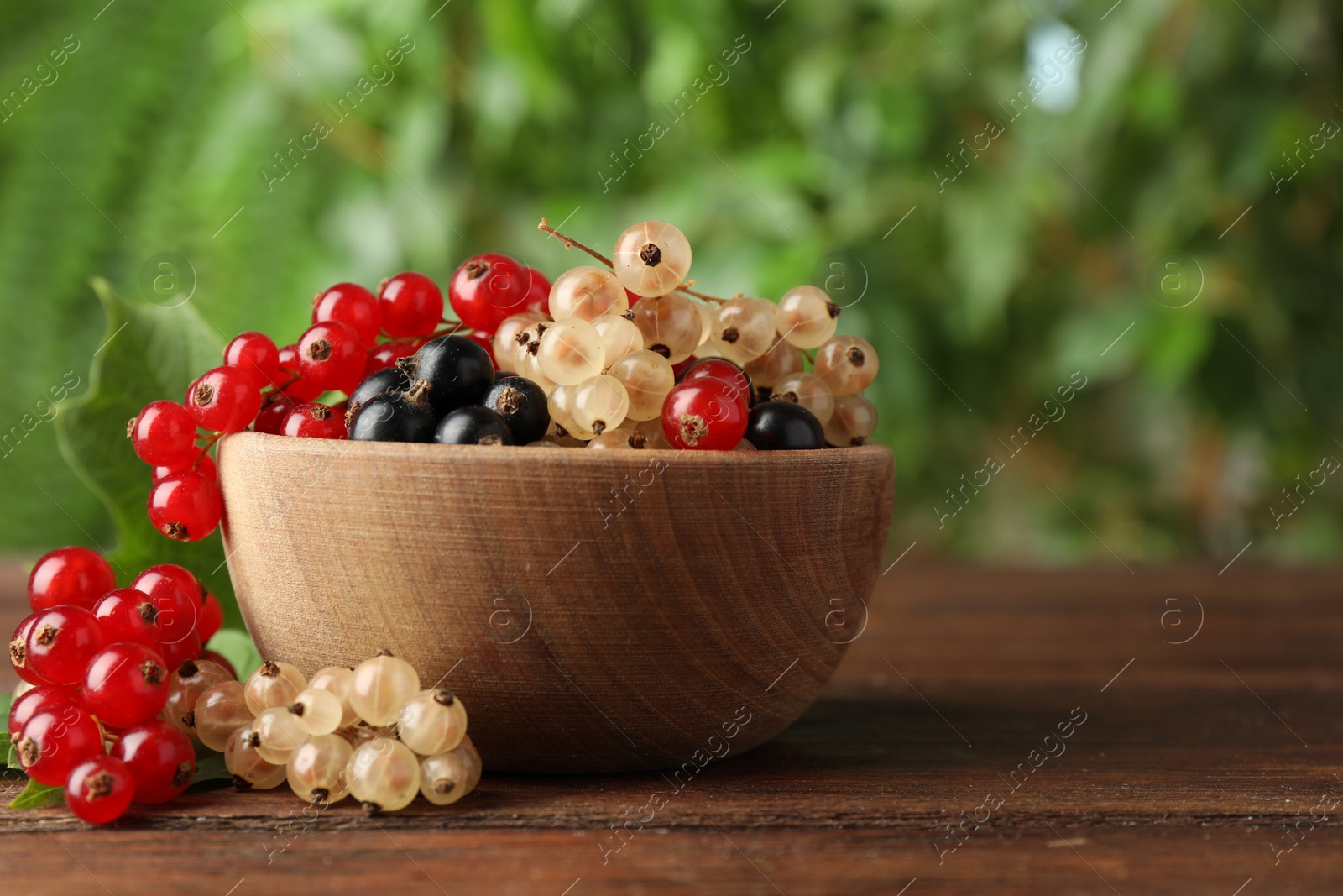 Photo of Different fresh ripe currants on wooden table outdoors, closeup. Space for text