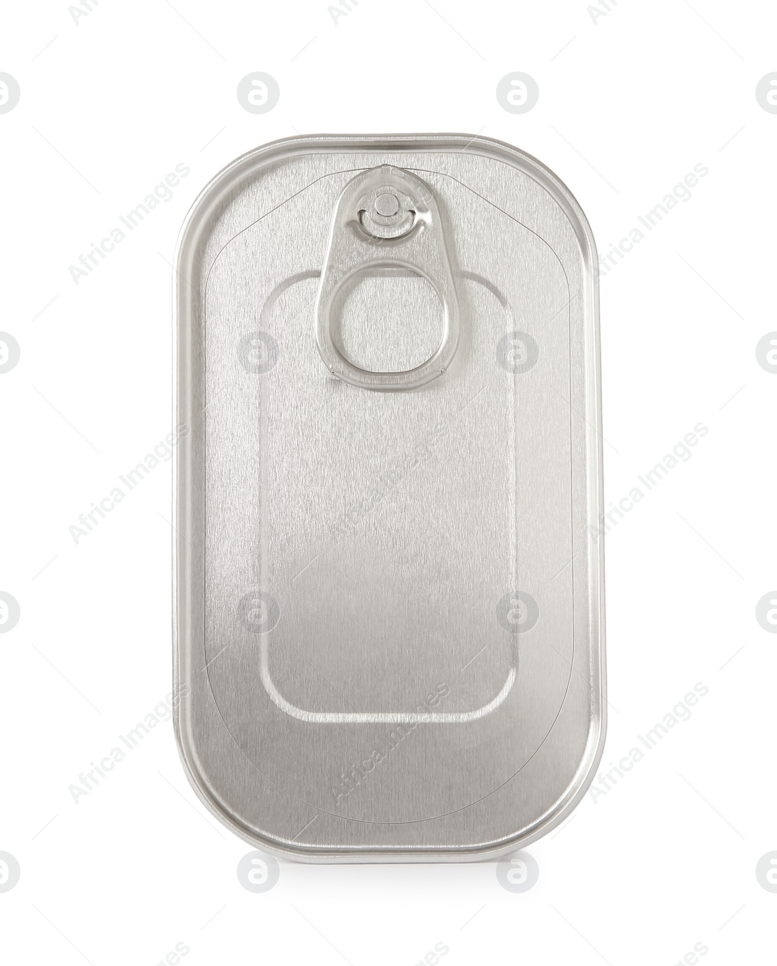 Photo of Closed tin can with ring isolated on white, top view