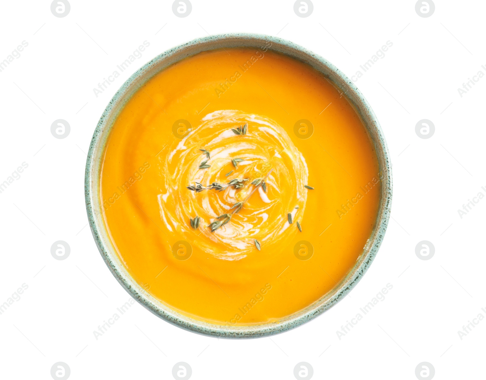 Photo of Delicious pumpkin cream soup in bowl on white background, top view