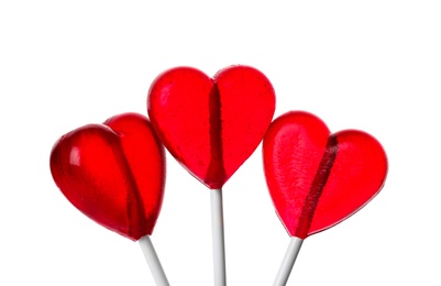 Sweet heart shaped lollipops on white background. Valentine's day celebration