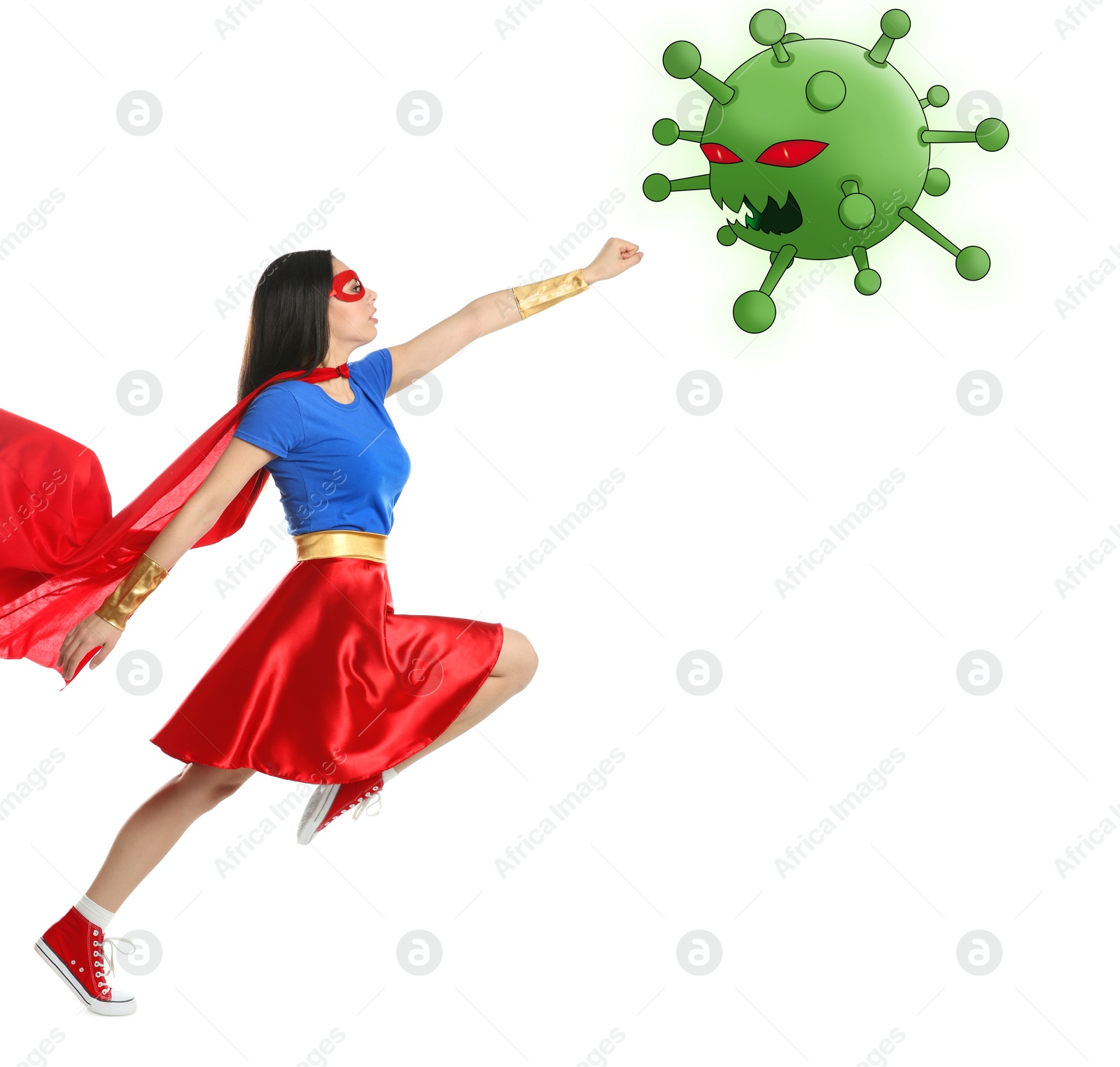 Image of Young woman wearing superhero costume fighting against virus on white background