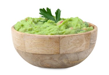 Photo of Bowl of delicious guacamole isolated on white