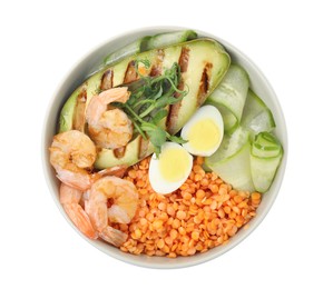 Photo of Delicious lentil bowl with avocado, shrimps, egg and cucumber on white background, top view