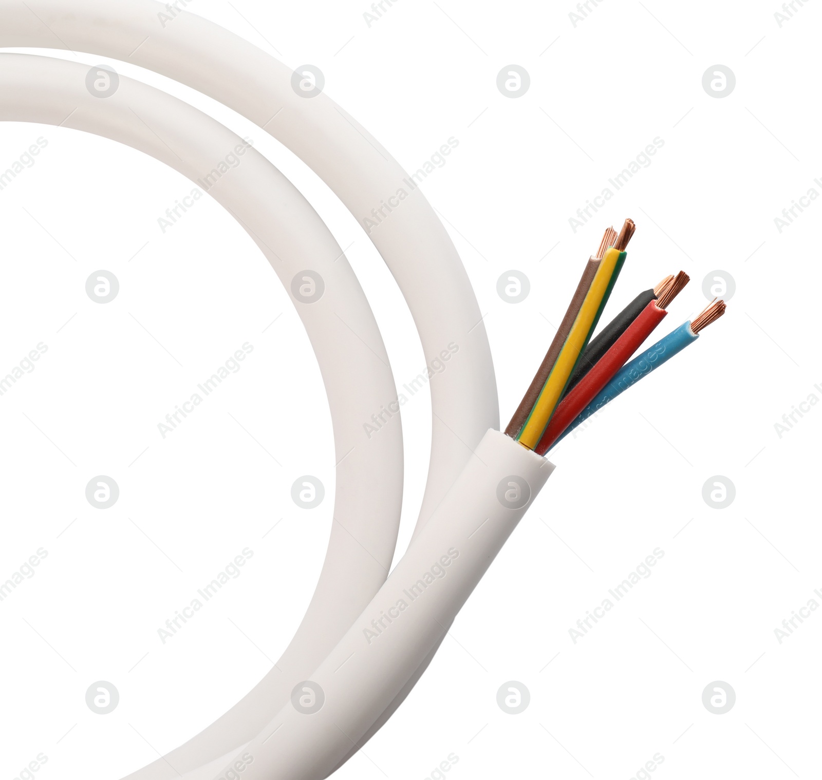 Photo of Cable with stripped wires on white background