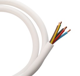 Cable with stripped wires on white background