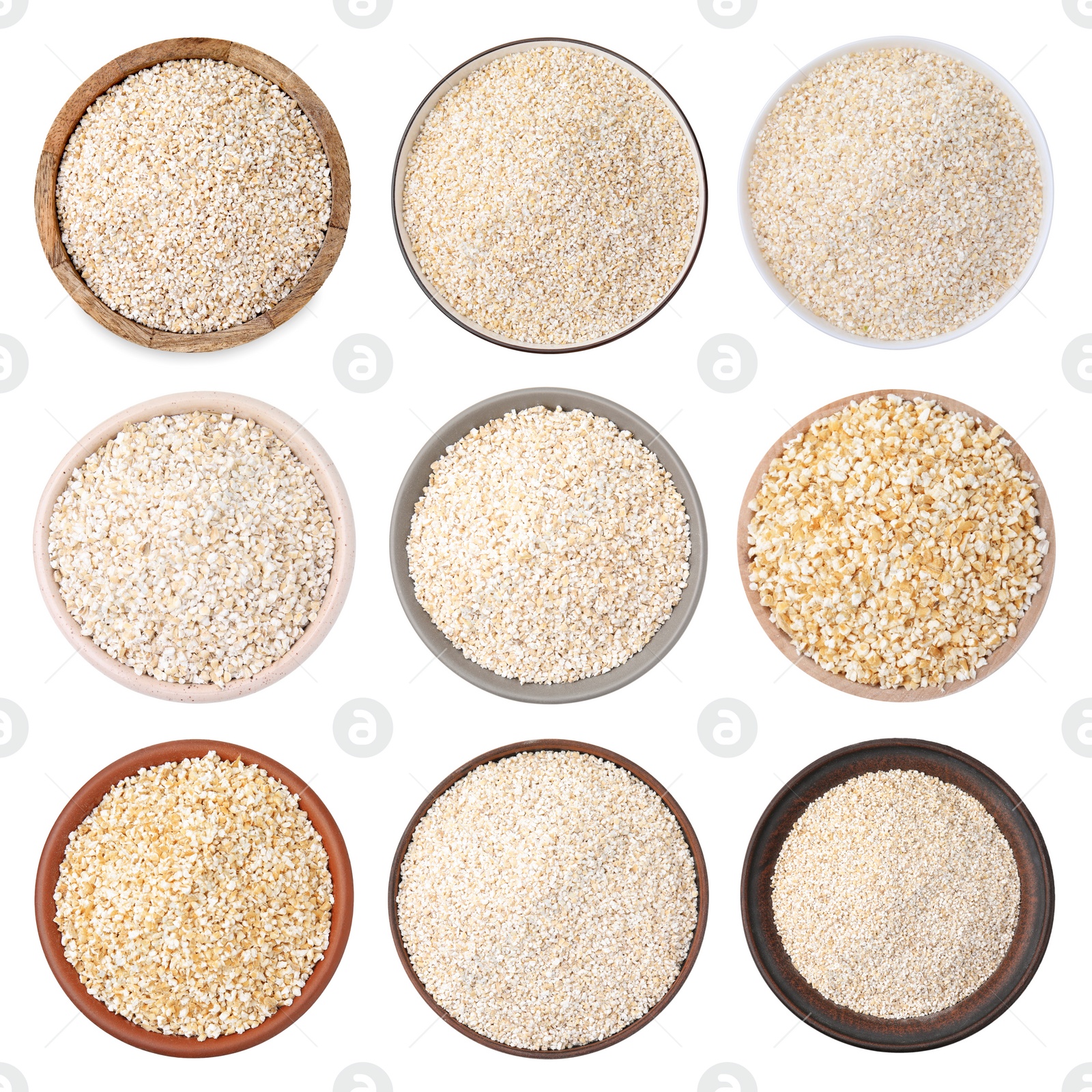 Image of Set of dry barley groats in bowls on white background, top view