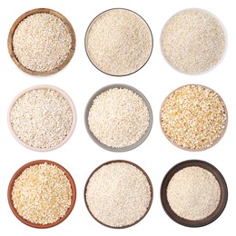 Image of Set of dry barley groats in bowls on white background, top view