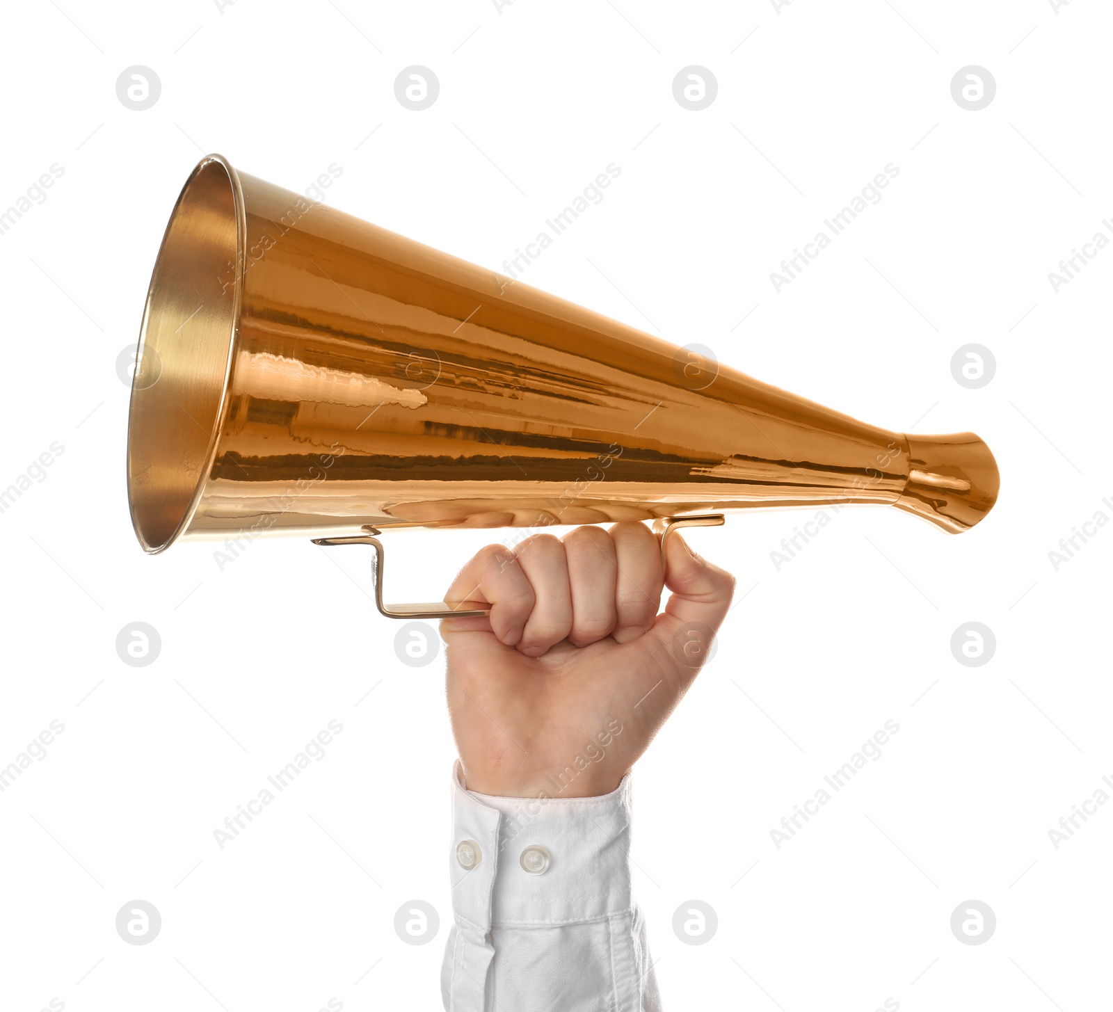 Photo of Man holding retro megaphone on white background