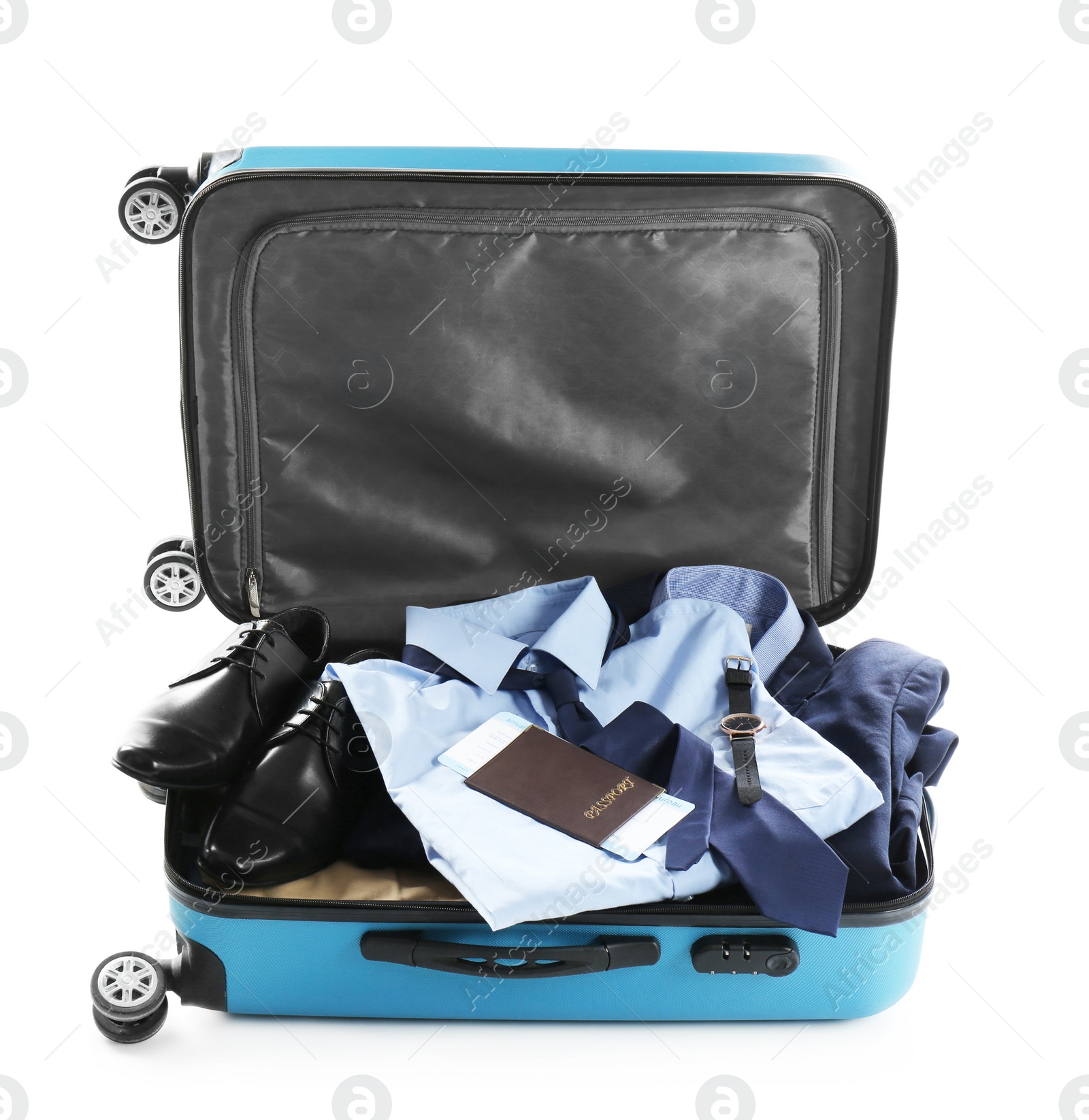 Photo of Packed suitcase with office wear and passport on white background