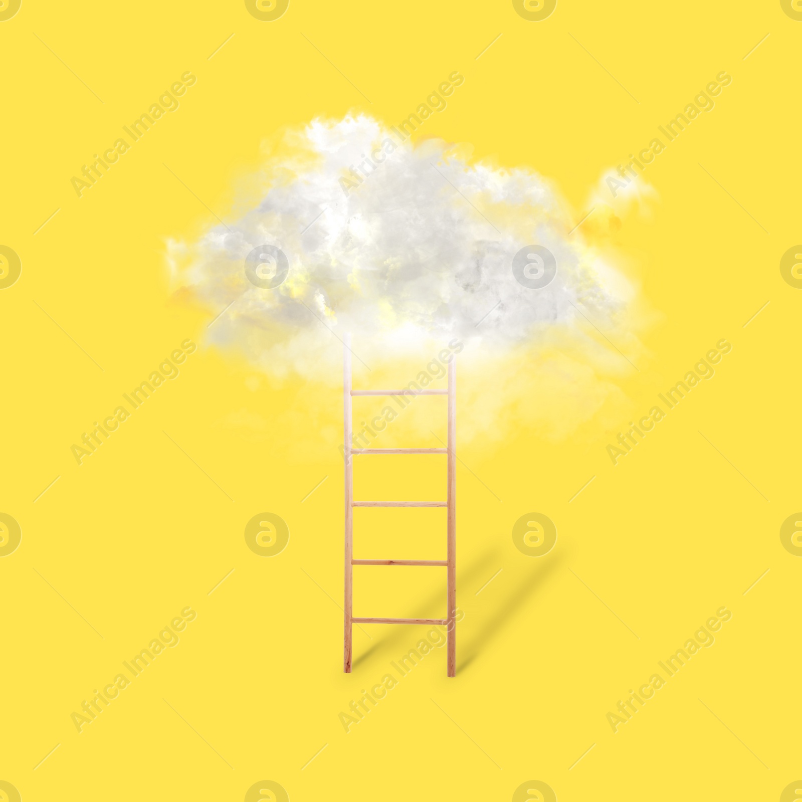 Image of Wooden ladder leading to white cloud on yellow background. Concept of growth and development