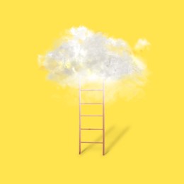 Wooden ladder leading to white cloud on yellow background. Concept of growth and development