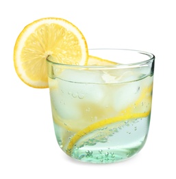 Soda water with lemon slices and ice cubes isolated on white