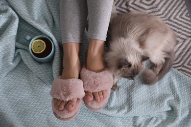 Photo of Woman in stylish soft slippers resting with cup of tea and cute cat at home, top view