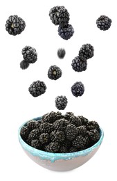 Image of Delicious ripe blackberries falling into bowl on white background