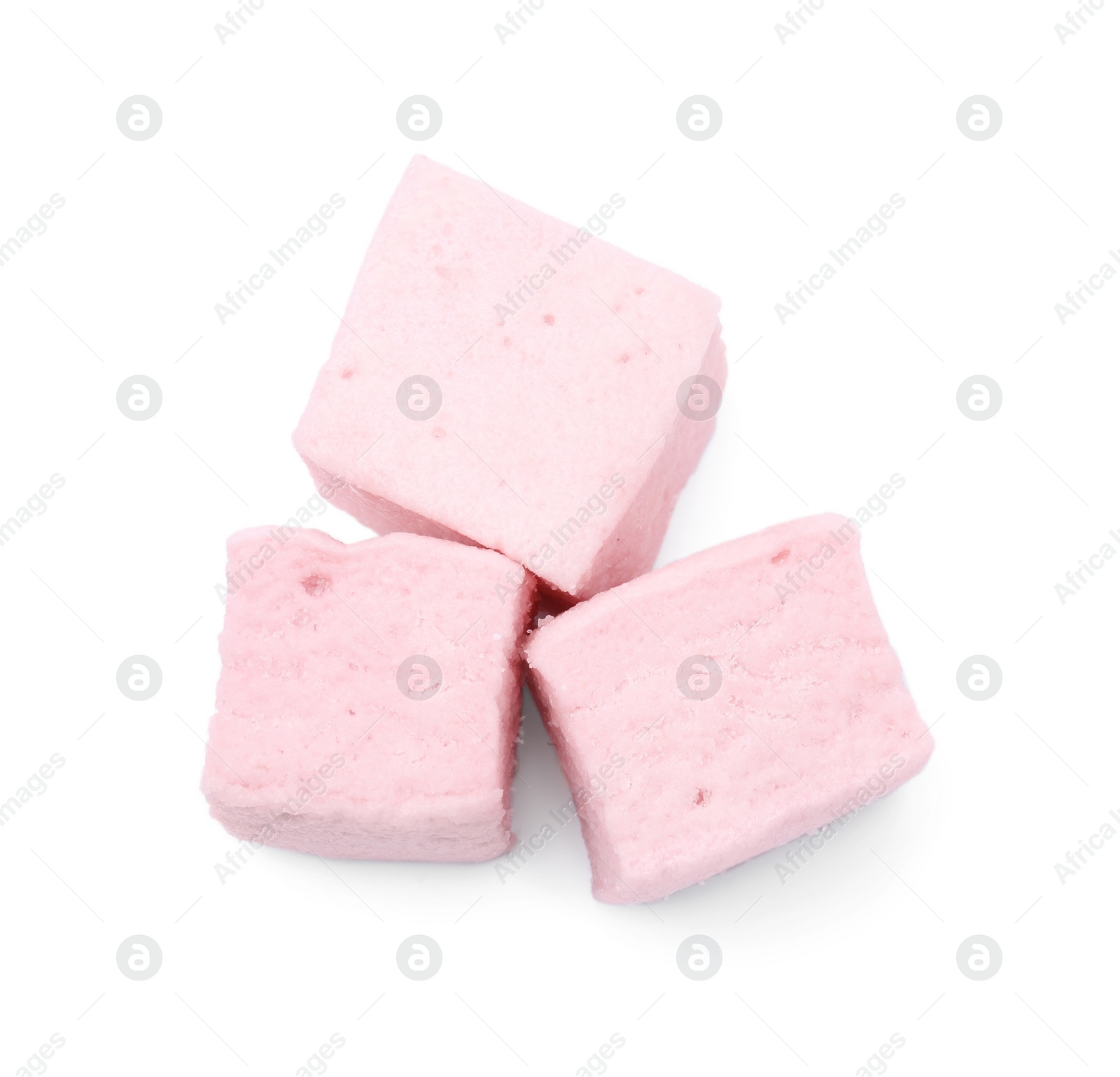 Photo of Delicious sweet puffy marshmallows on white background, top view