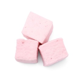 Photo of Delicious sweet puffy marshmallows on white background, top view