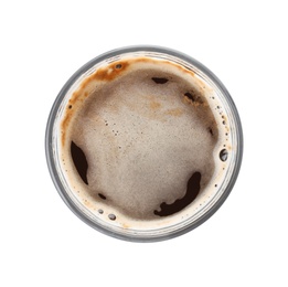 Photo of Glass of aromatic hot coffee on white background, top view