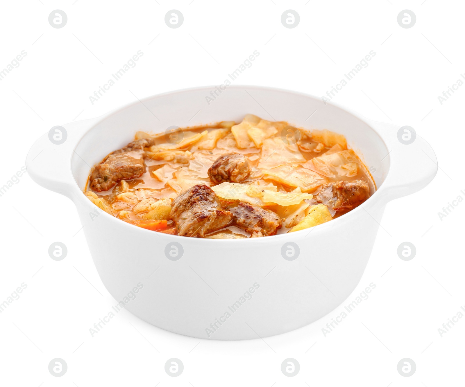 Photo of Tasty cabbage soup with meat and carrot on white background