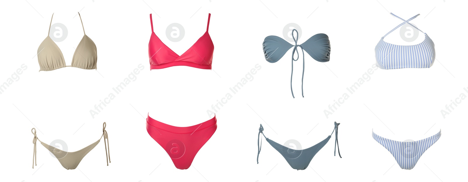 Image of Collection of different stylish bikini on white background. Banner design