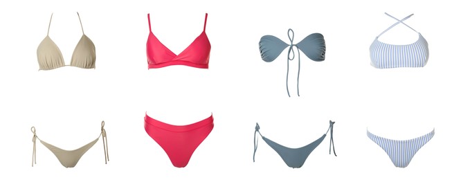 Image of Collection of different stylish bikini on white background. Banner design