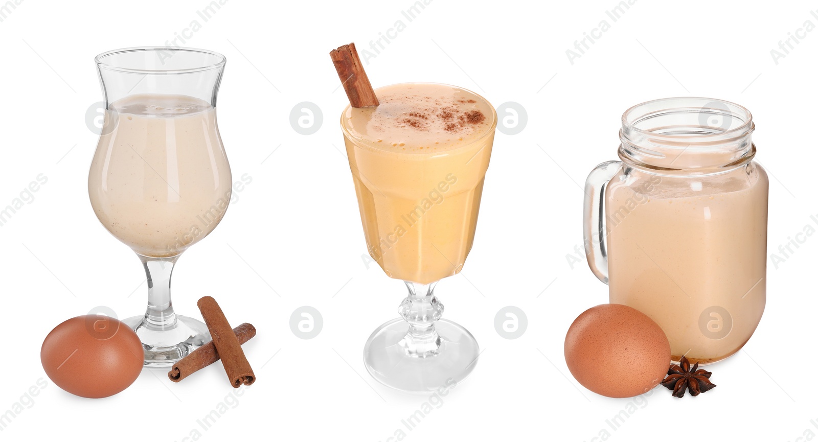 Image of Different delicious eggnog isolated on white, set