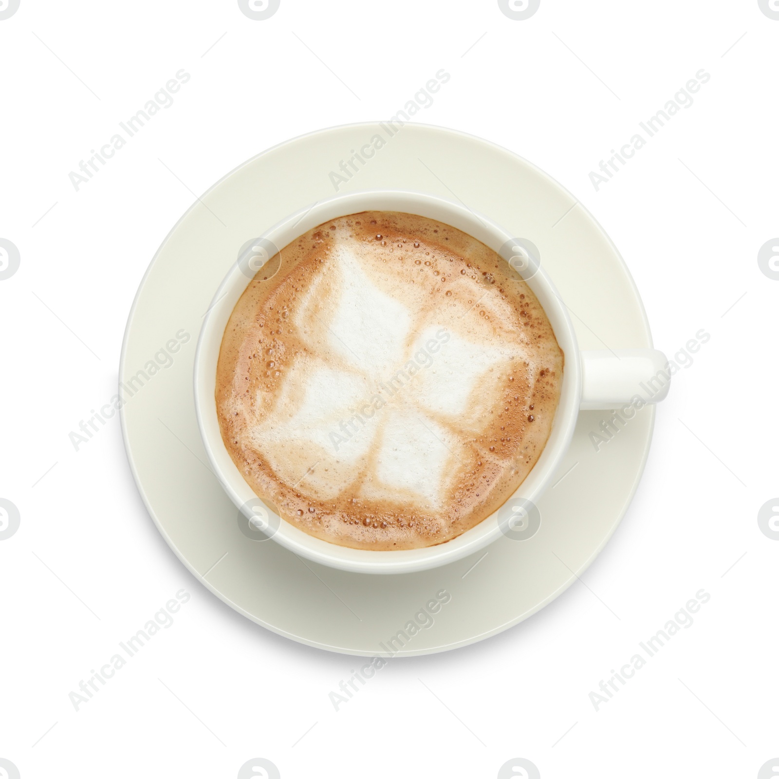 Photo of Cup of hot coffee isolated on white, top view