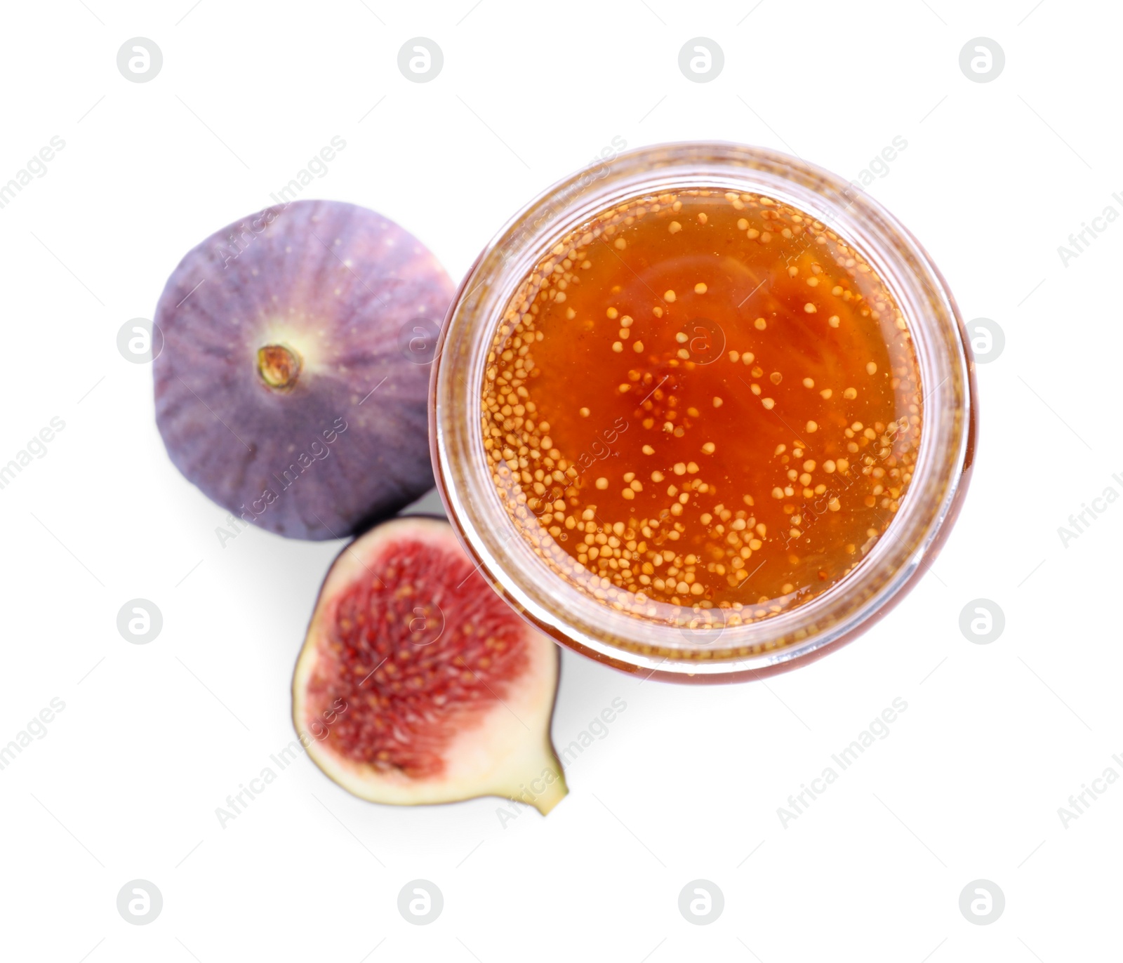 Photo of Homemade delicious fig jam and fresh fruits on white background, top view