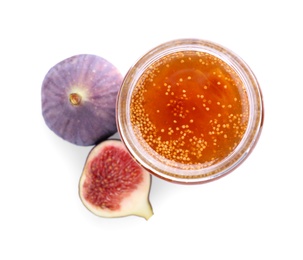 Homemade delicious fig jam and fresh fruits on white background, top view