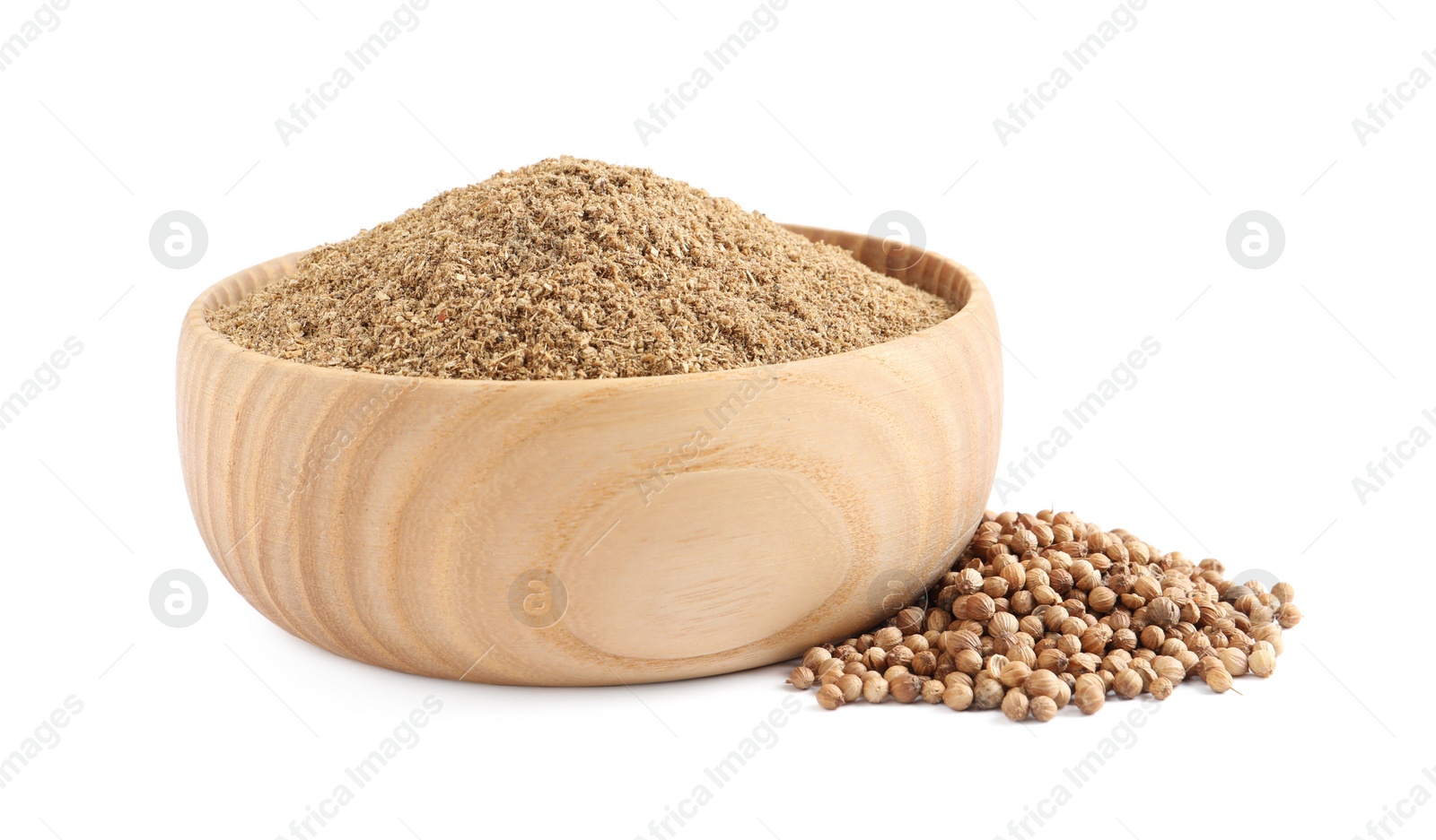 Photo of Wooden bowl with powdered coriander and corns on white background