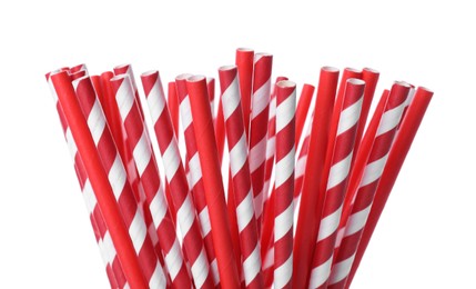 Photo of Striped paper cocktail tubes on white background