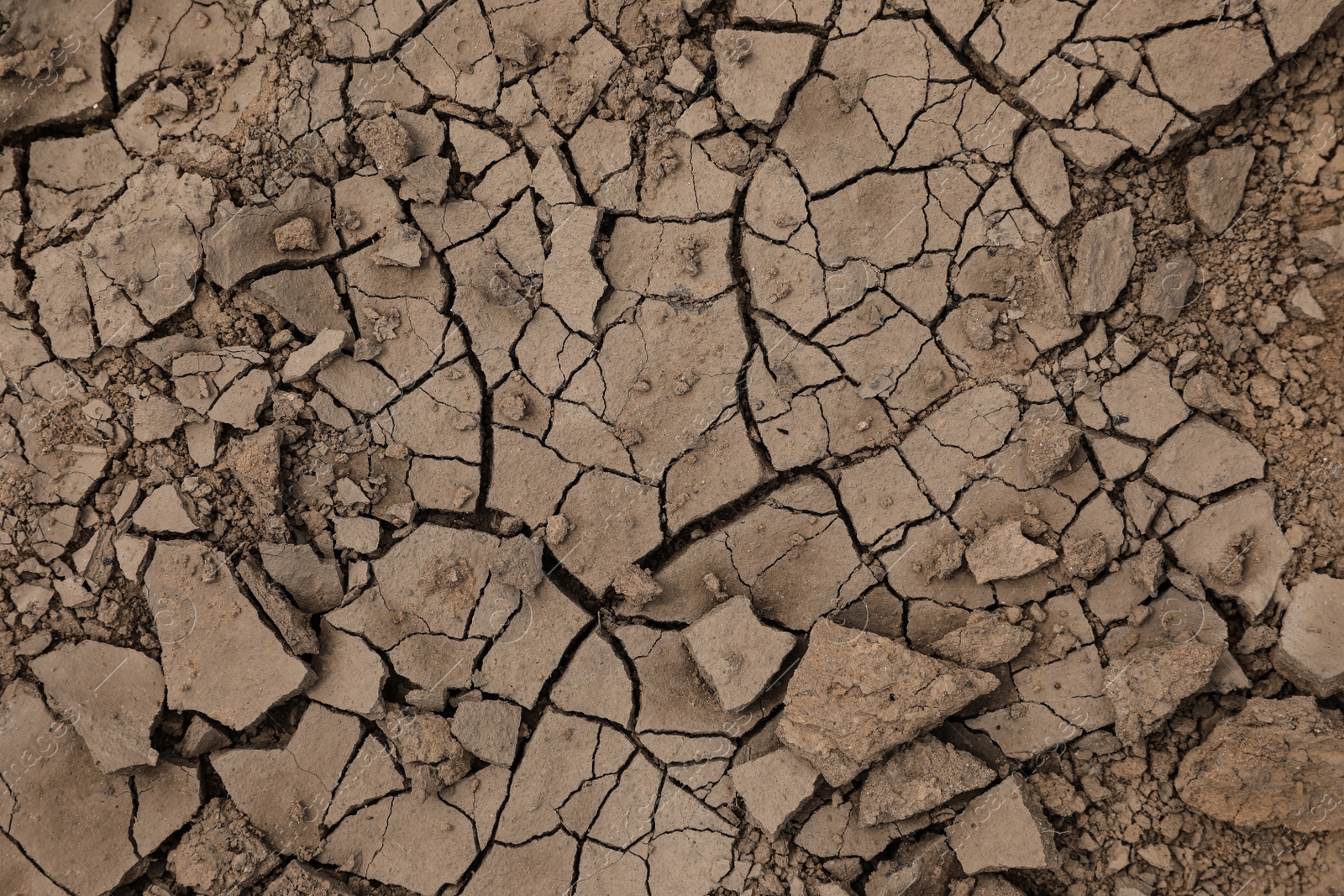 Photo of Dry textured ground surface as background, top view. Thirsty soil