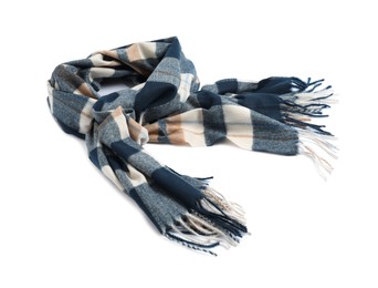 Photo of One beautiful checkered scarf on white background