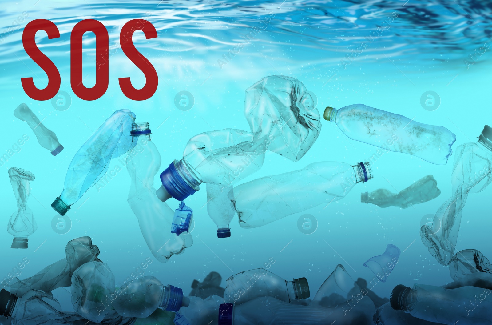 Image of Word SOS and plastic garbage in ocean. Marine pollution