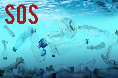 Image of Word SOS and plastic garbage in ocean. Marine pollution