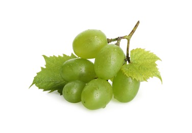 Photo of Fresh grapes with leaves and water drops isolated on white