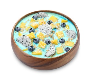 Photo of Delicious smoothie bowl with fresh fruits, blueberries and oatmeal isolated on white