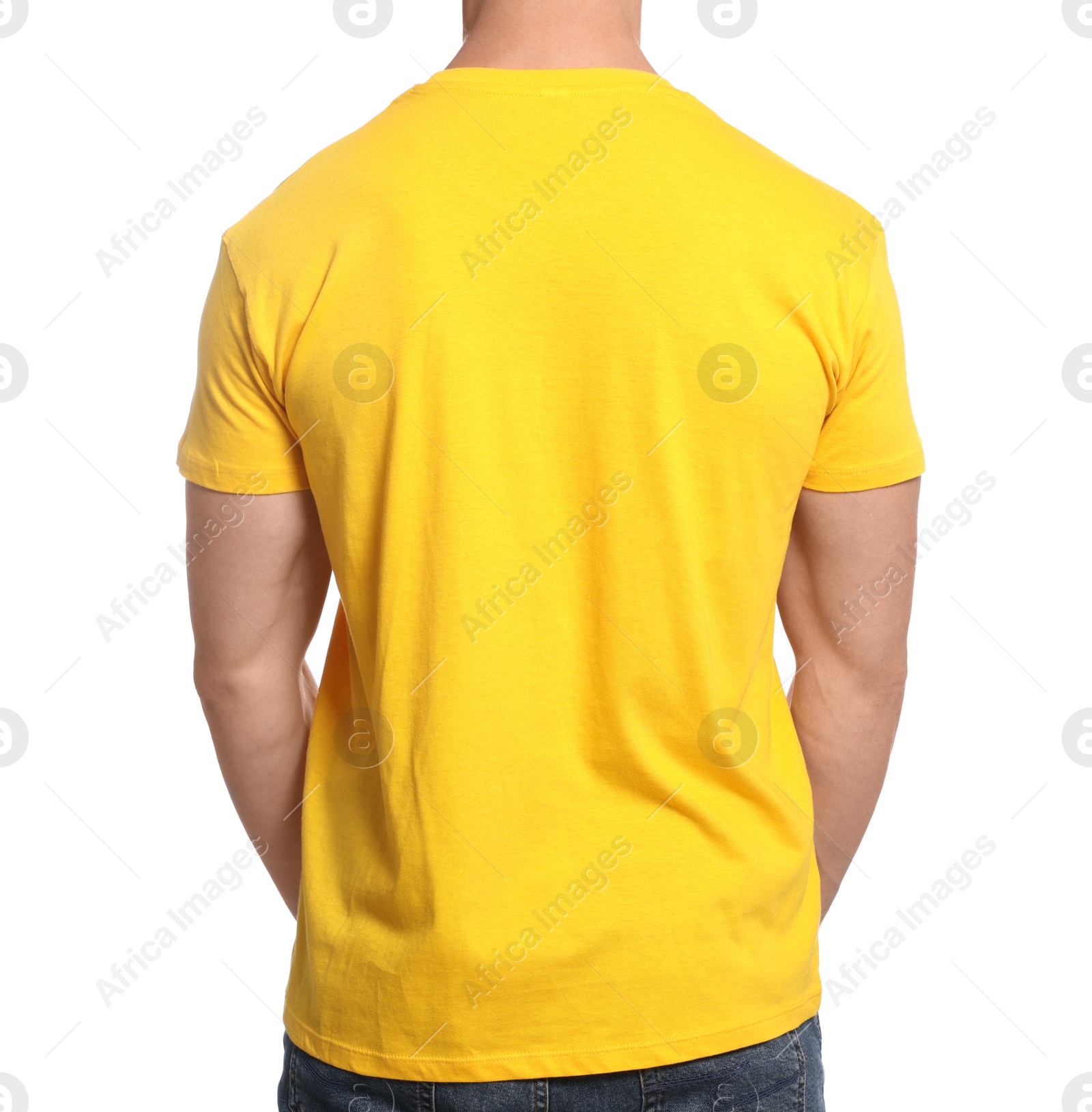 Photo of Man wearing yellow t-shirt on white background, back view. Mockup for design