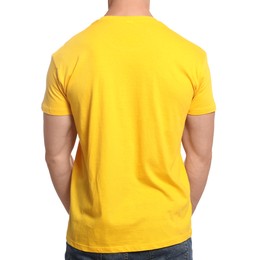 Photo of Man wearing yellow t-shirt on white background, back view. Mockup for design