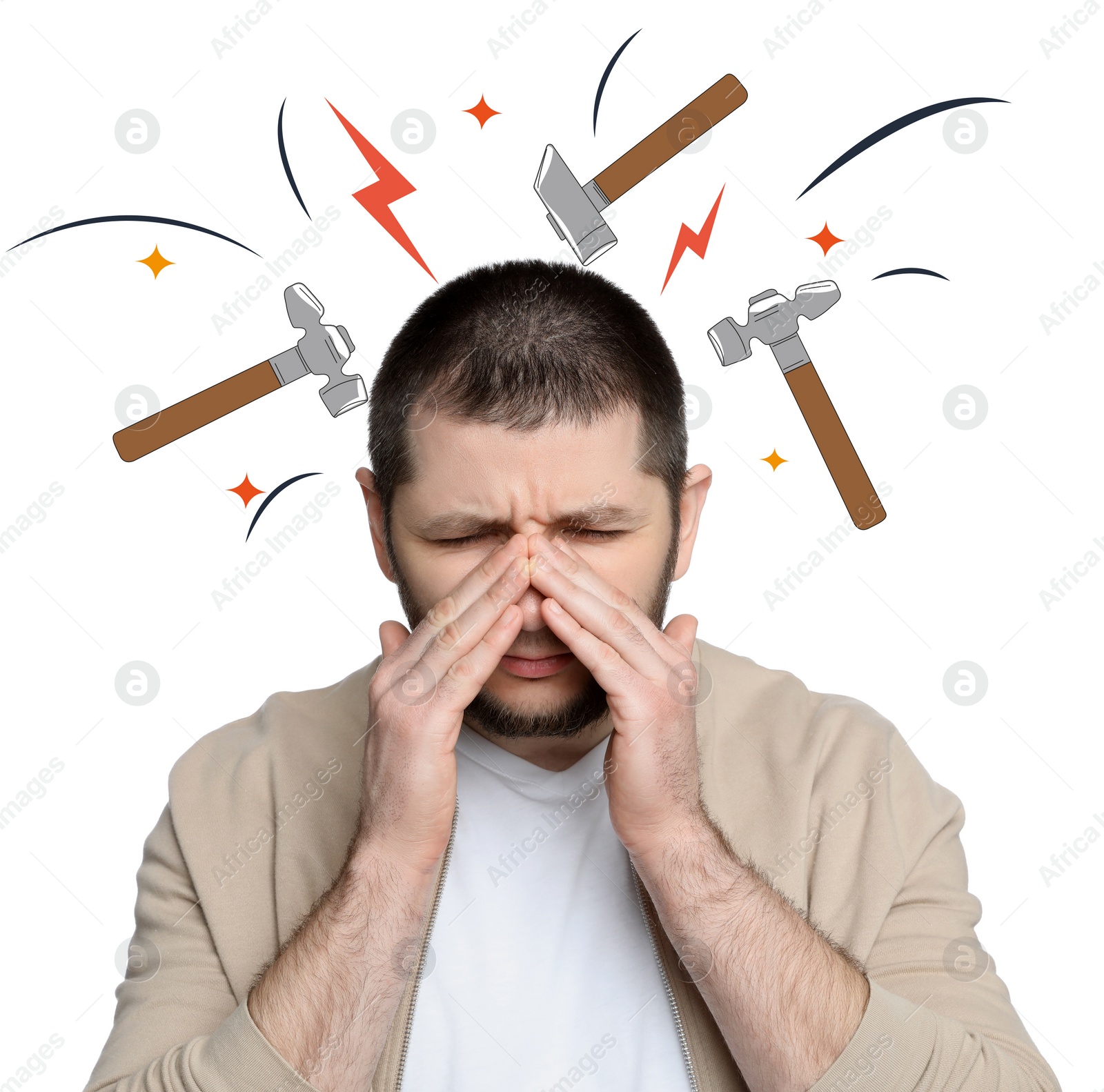 Image of Man having headache on white background. Illustration of hammers and lightnings representing severe pain