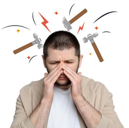 Man having headache on white background. Illustration of hammers and lightnings representing severe pain