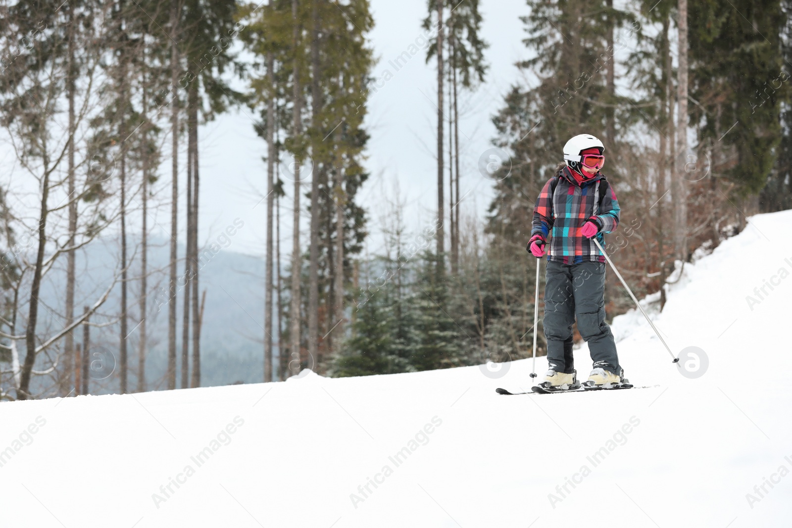 Photo of Skier on slope at resort, space for text. Winter vacation