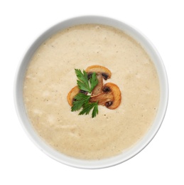 Bowl of fresh homemade mushroom soup on white background, top view
