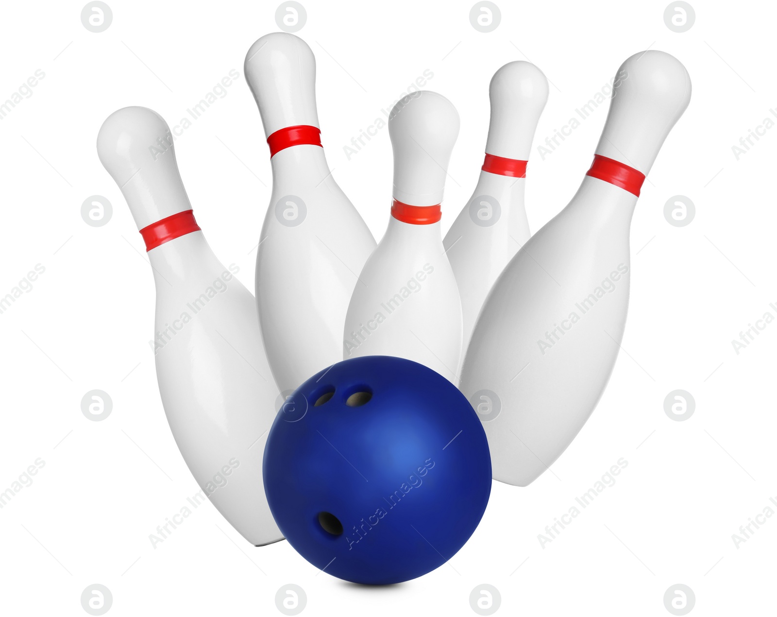 Image of Bowling pins and ball on white background