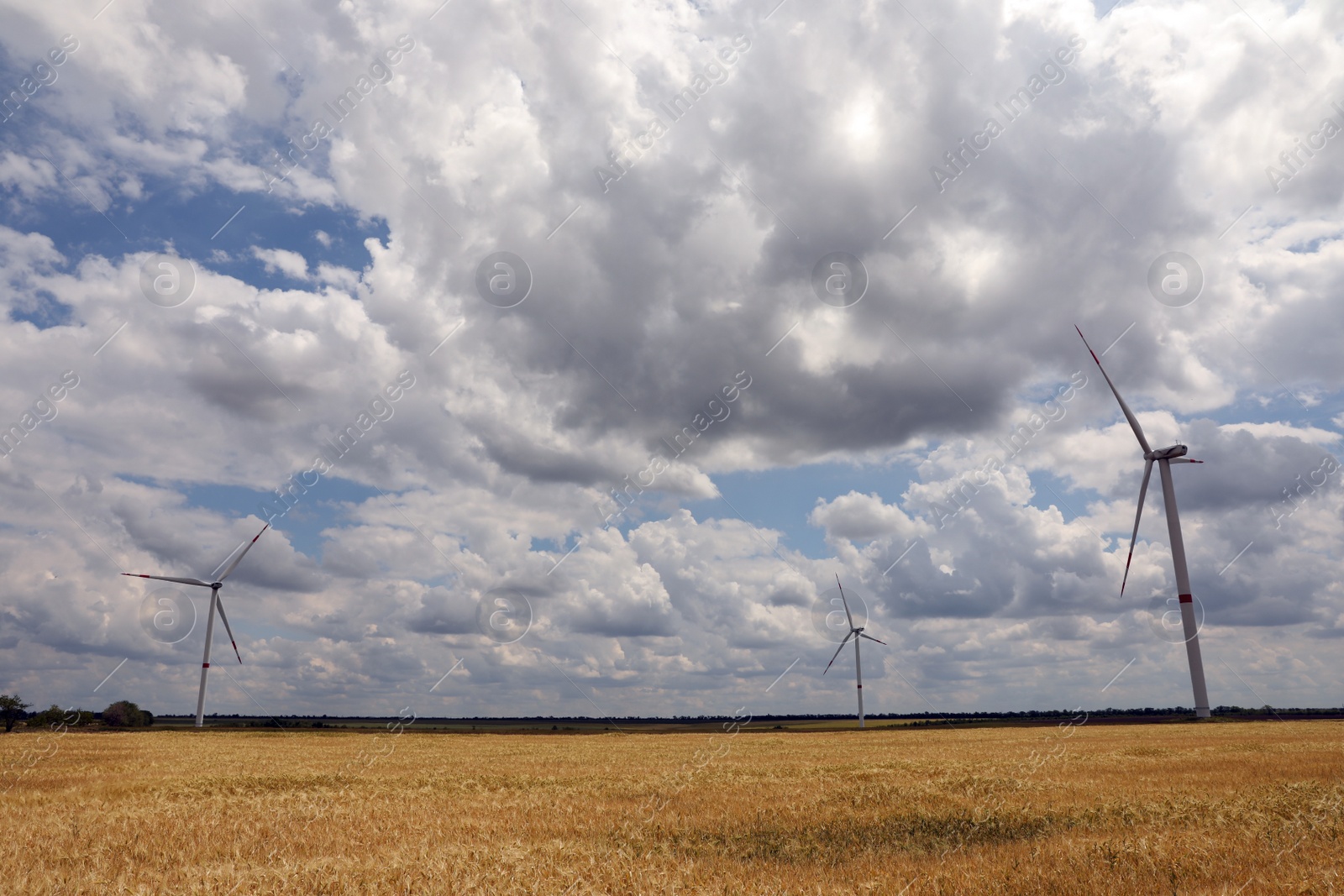 Photo of Modern wind turbines in field on cloudy day. Alternative energy source