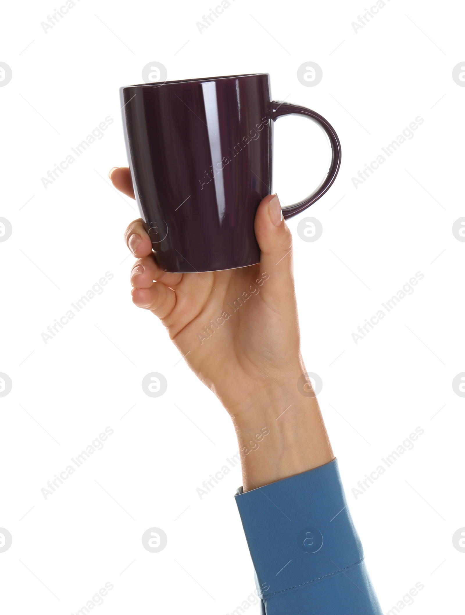 Photo of Woman holding elegant wine red cup on white background, closeup
