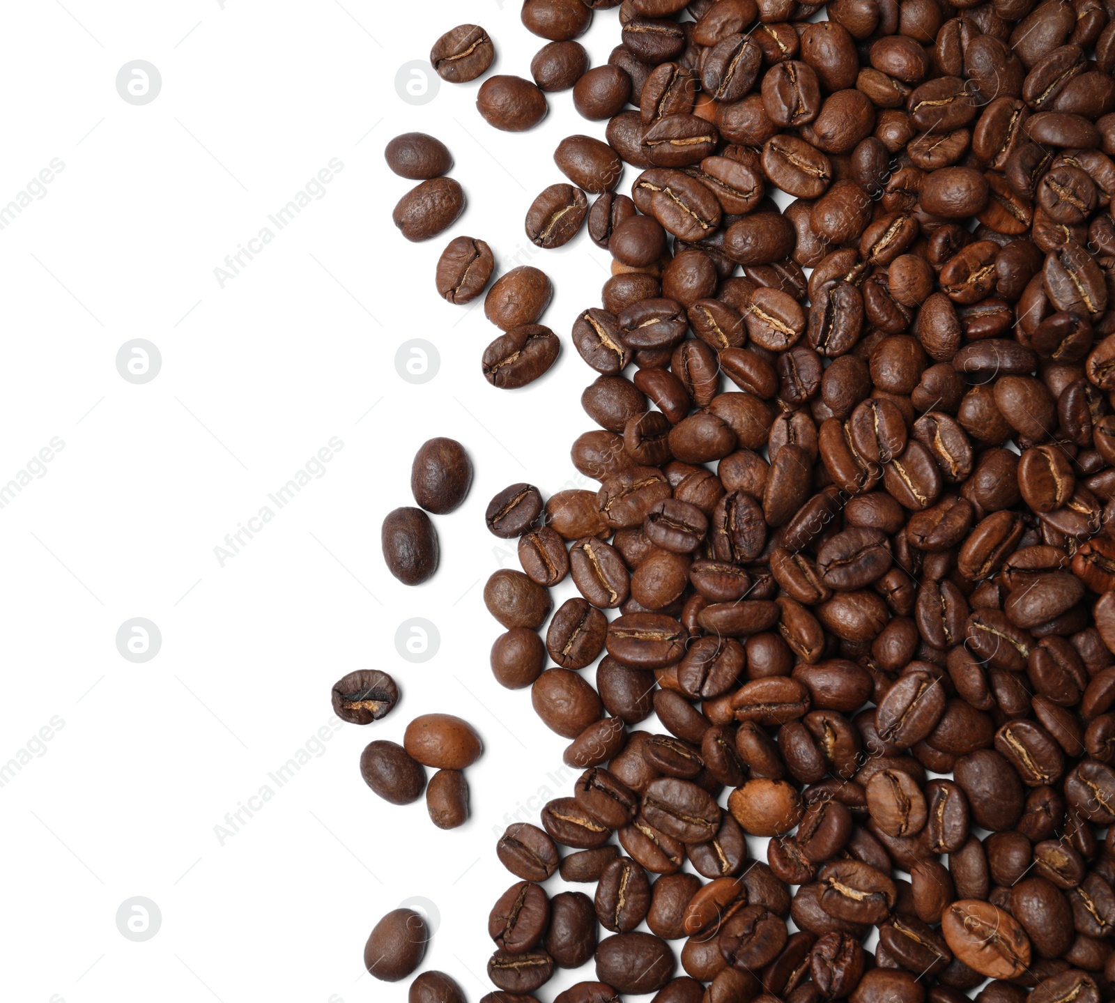 Photo of Many roasted coffee beans on white background, top view