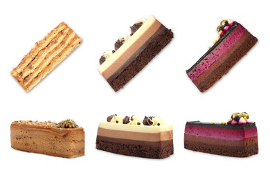 Collage with different delicious cakes on white background, top and side views
