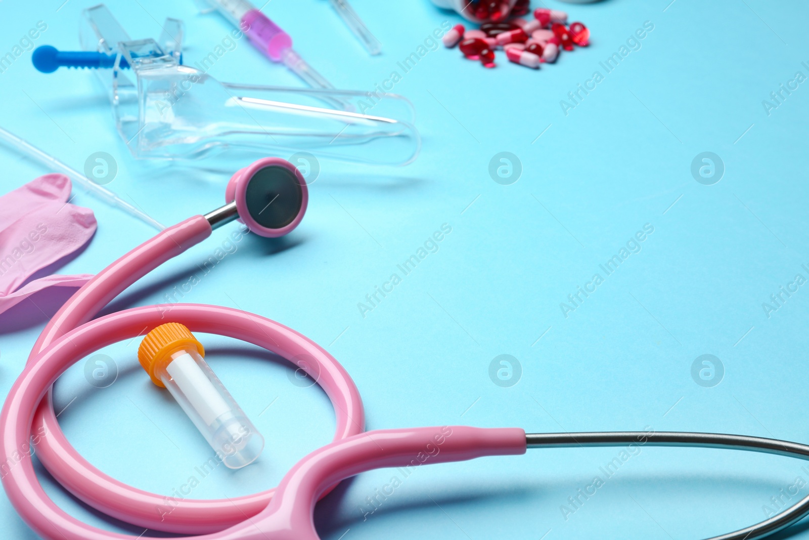 Photo of Different medical objects on color background. Space for text