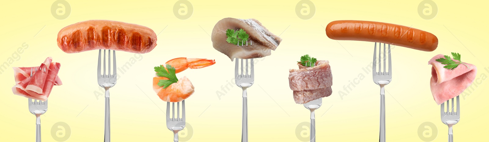 Image of Forks with different food products on color background, collection